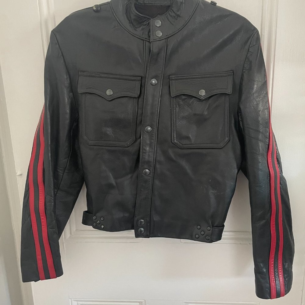 Vintage 1970/80s Racing MOTO Jacket/Black Leather Red Racing Stripes Small